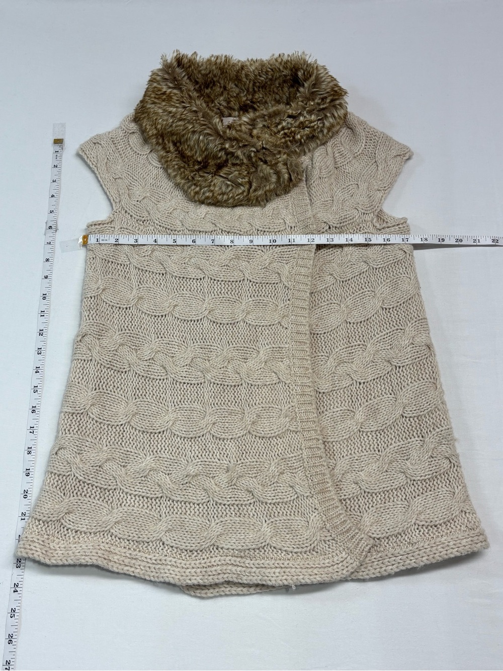 Zara Cream Cable-Knit Sleeveless Sweater Vest with Brown Faux-Fur Cowl Small 468 - Picture 6 of 6